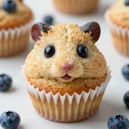 a muffin that looks like a hamster, 4 k, realistic, baked, detailed, blueberries replace eyes