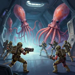 space soldiers dressed with blasters fight with giant martian squid inside the corridors of spaceship, vector behance hd jesper ejsing, highly detailed, digital painting, artstation, concept art, smooth, illustration, art by artgerm and rhads and makoto shinkai and lois van baarle and ilya kuvshinov and rossdraws, 8 k