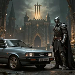 Audi 80 B3 Avant (1988) facing off a dark knight, The Elder Scrolls III: Morrowind, an epic fantasy, Morrowind, Vivec City, dramatic lighting, cinematic, establishing shot, extremely high detail, photorealistic, cinematic lighting, artstation, by simon stalenhag
