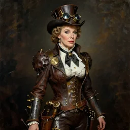 betty white in a steampunk cosplay uniform, oil painting, dark imagery
