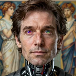 bob ross cyborg. multi colored digital eyes, art by artgerm and greg rutkowski and alphonse mucha, concept art, octane render, unreal engine 5, highly detailed, high quality, 8 k, soft lighting, realistic face, path traced