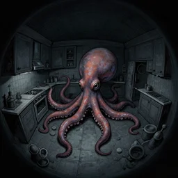 dark palette cyberpunk giger, fisheye spiral lines, naive, extra narrow, detailed illustration of a kitchen, large floor, octopus shaped by rhads from lorax movie, trending artstation, dark mythic fantasy