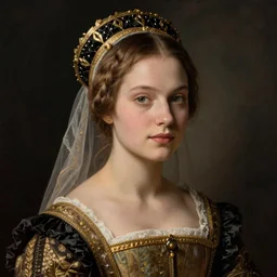 portrait of young woman in renaissance dress and renaissance headdress, art by irving penn