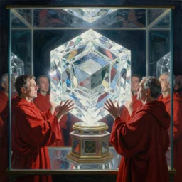 worshippers in red robes holding a very complex gigantic reflective glowing glass crystal tesseract orb violently illuminating a small room, very bright white light, small room, glass room, glass, enlightening, high detailed beksinski painting, part by adrian ghenie and gerhard richter. masterpiece, deep colours, bright white