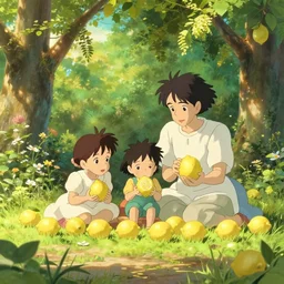 wholesome illustration of a family of lemons enjoying a day at the park, Studio Ghibli, Pixar and Disney animation, sharp, Rendered in Unreal Engine 5, art by Greg Rutkowski, Bloom, dramatic lighting, sunny day