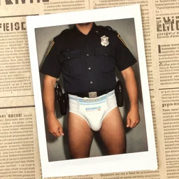 vintage newspaper photo of a police officer wearing nothing but a diaper, flash photo