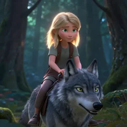 medium shot young girl, blond hair green eyes, riding a gray wolf, in a dark forest, mysterious, backlit, beautiful still from a pixar dreamworks movie, trending on artstation