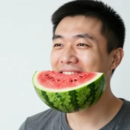 a man with a whole watermelon in his mouth, photorealistic,