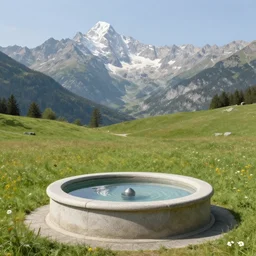 mountain spring, well, font, high mountains, meadow, alps, classical painting, hudson river school, realistic lighting, idyll