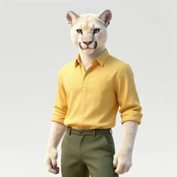 beautiful portrait commission of a [male furry anthro!!! albino mountain lion] [wearing a yellow button-down shirt, olive green slacks] [in a Old-timey saloon]. Atmospheric. Renowned character illustration by greg rutkowski, thomas kindkade, alphonse mucha, loish, norman rockwell. detailed, inked, western comic book art