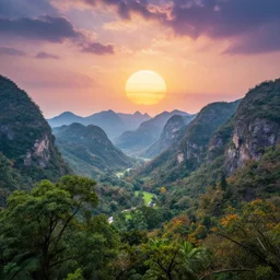 a photorealistic portrait, stunningly beautiful colorful fantasy landscape, professionally retouched, soft lighting, hyper realistic, big mountains, trees, trees in foreground, beautifully colorful detailed sky, big sun, wide angle, sharp focus, 8 k high definition, 6 4 megapixels, insanely detailed, stunningly beautiful