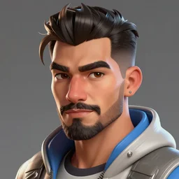overwatch concept art character portrait of a new character who is a young tan latino man with slicked back hair with soul patch beard and long crooked nose and gaunt cheeks, trending on artstation, cgsociety,