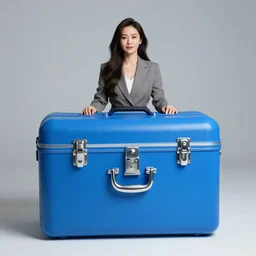 a woman dressed with a giant blue medecine box, photograph