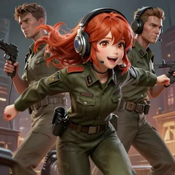 very complicated dynamic composition, realistic anime style at pixiv cgsociety by wlop, ilya kuvshinov, krenz cushart, greg rutkowski, trending on artstation. zbrush sculpt colored, octane render in maya and houdini vfx, cute young redhead girl in motion, she expressing joy, wearing military uniform, headphones, silky hair, stunning deep eyes. in cityscape. very expressive and inspirational. amazing textured brush strokes. cinematic dramatic atmosphere, soft volumetric studio lighting.