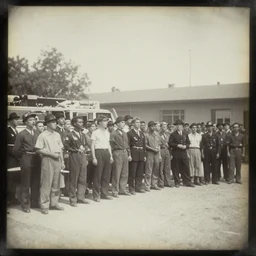 a crowd of people standing outside of a fire department, california, faded daguerreotype stereograph,