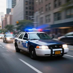 a police car speeding down a new york road with sirens on. epic cinematic hyperrealism masterpiece. realistic poster with shaded lighting by craig mallismo, artgerm, jeremy lipkin and michael garmash, unreal engine, radiant light, detailed and complex environment, digital art, art station trends, detailed faces, detailed eyes, vibrant colors, lens flare, motion blur, night time