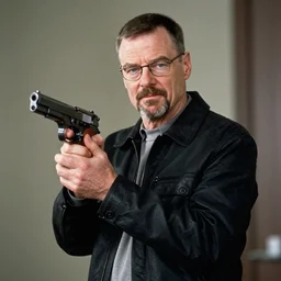 a photo of walter white holding a handgun, portrait, ektachrome, medium shot, f / 2. 8