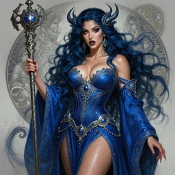 Cardi B as a sorceress , passionate , seductive, sweaty,  intricate dressed in ornate blue robes and staff, insane, intricate,  highly detailed, digital painting, artstation, concept art, smooth, sharp focus, illustration, Unreal Engine 5, 8K, art by artgerm and  greg rutkowski and alphonse mucha
