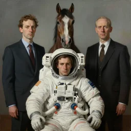 a small man with a horse's head sits astride a man in an astronaut costume, hauntingly surreal, highly detailed painting by francis bacon, edward hopper, adrian ghenie, gerhard richter, and james jean soft light 4 k,
