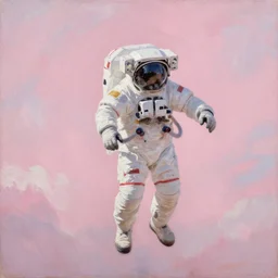 a cosmonaut floating in the sky by Jeremy Geddes, dreamy, ethereal, photo-realistic, pinkish tones, oil painting