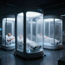epic professional digital art of dark room with upright futuristic slim cryogenic chambers with frosted windows and outline of sleeping patients inside, hamish frater, jim burns, wayne barlowe, unreal engine 6 maya render, octane, hd, 4 k