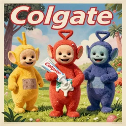 Blast of liquid toothpaste covering the Teletubbies, big teeth smiling monster, toothpaste vintage advertisement poster printed CMYK ink coloured lithography, everything made out of toothpaste, Colgate, edgy hyperfeminine