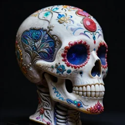 insanely detailed portrait sugar skull, intricate details, fine art, resin, photorealistic, tetrachromacy, halfrear lighting, sugar skull with bioluminescence, supremely detailed