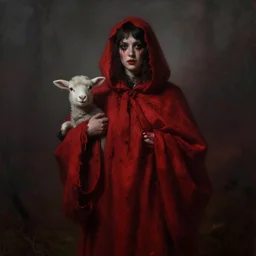 a lamb wearing heavy red robes by ida rentoul outhwaite, deep crimson and dark shadows, foggy background, ambient glow, horror scene