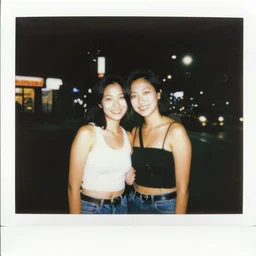 colorful instant photograph of a beautiful lesbian couple in a city at night, polaroid, light leak, raw, nostalgic
