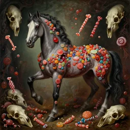 renaissance style painting of a horrifying evil candy themed horse, surrounded by different kinds of candy and bones, evil candy mare, extremely scary, extremely detailed!!!, horror themed, dim lighting, gothic style painting, horse skulls everywhere, horrifying, grim colors, dark dramatic lighting, open wound filled with candy