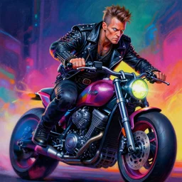 cinematic action shot of peter steele as an apocalyptic scifi orcish biker character riding a nuclear powered motorcycle, psychedelic vibrant colors, highly detailed blacklight airbrush oil painting by michael whelan art, futuristic punk rock fashion, perfect face, sharp focus, detailed eyes, realistic, studded leather jacket, 8 k cover art