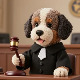 a closeup photorealistic illustration of a knitted bernedoodle judge puppy wearing a black gown and speaking to the courthouse. holding a gavel. this 4 k hd image is trending on artstation, featured on behance, well - rendered, extra crisp, features intricate detail, epic composition and the style of unreal engine.