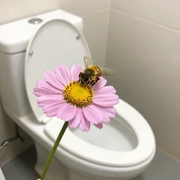 flower in a toilet with a bee