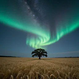 lone Oak tree in the distance at end of wheat field, moonlight, aurora borealis, milky way, landscape photography, hyper-realistic