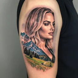 creative double exposure effect tattoo design sketch of margot and beautiful mountains and nature, margot robbie and mountain scenery, realism tattoo, in the style of matteo pasqualin, amazing detail, sharp