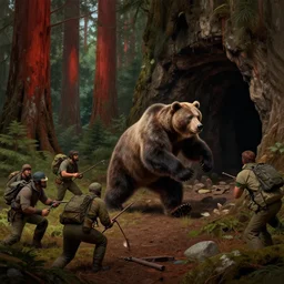 picture of a burly grizzly ursine rushing to a group of poachers near a cave, redwood forest, art by ismail inceoglu and filip hodas. matte painting, tenebrism, vaporwave style, artistic render