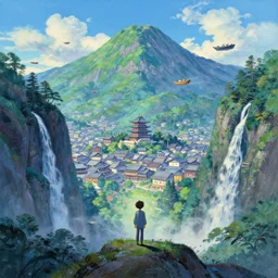 tiny king in front of a japanese city in the mountain surrounded by waterfall. cyberpunk, boats flying. beautiful blue sky. gorgeous epic nature, lofi, vivid colors, amazing light, by jeremy lipkin, by claude monet, heavily inspired by makoto shinkai, inspired by ghibli, masterpiece, multiple brush strokes, impressionist style