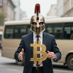 a bussines man with a spartan helmet, bitcoin sign