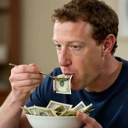 a closeup photorealistic photograph of mark zuckerberg eating from a bowl of money. film still, vibrant colors. this 4 k hd image is trending on artstation, featured on behance, well - rendered, extra crisp, features intricate detail, epic composition and the style of unreal engine.