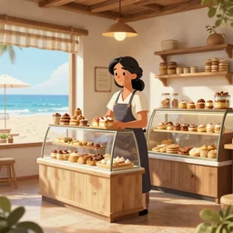 a peruvian woman living in a beach in spain working in a bakery shop, digital art, featured on artstation, octane render