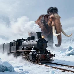 a futuristic black steam train and a giant mammoth, post - apocalyptic ice landscape with heavy snow, digital art