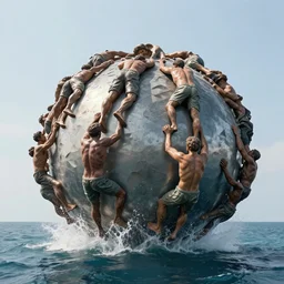 a massive modern sculpture of desperate people climbing a perfect sphere on the ocean water, in the style of jeff koons and michelangelo, inspired by the greatest sculptors, cinematic, hyper - realistic, very detailed, realistic water splashes, ray tracing, 8 k resolution, long - shot, sharp focus, low angle, 8 5 mm photograph, wide lens