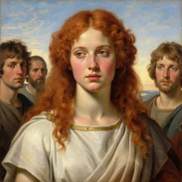oil painting by raphael 、 ilya kuvshinov, baugh casey, rhads, coby whitmore, of a young cassandra the trojan prophetess, long curly redgold hair, greek nose, meditteranean facial features, ancient greek peplos, outdoors, highly detailed, breathtaking face, studio photography, dawn, intense subsurface scattering, blush, supple look, innocence, intense sunlight
