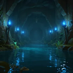legend of zelda water temple, indoor shot, dimly lit, blue torches on the walls, ray - tracing, water reflections, vegetation, unreal engine, 4 k, cool color tone, desktop wallpaper