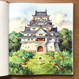 the hall in the castle decorated for halloween hayao miyazaki in a small clearing among trees, watercolor illustration for a book