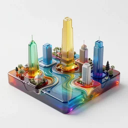 an hd wide shot photo of resin pour painting of a 3 d landscape of impossible buildings made of futuristic architecture, 3 d depth, 8 k, land is made of rainbow fused glass pattern bars, roofs are made of beautiful vividly colored acrylic panels, windows are made of cast glass color film gels, shapes are made of many layers of dichroic glass by jack storms, clear shapes,
