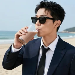 j - hope rap monster, photo, on the beach, wearing a suit, sunglasses, close, drinking a chocolate milk