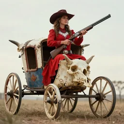 woman in a red wildwest dress holding a shotgun on a stagecoach made of bones, horns and shells, beautiful, low angle photography, soft lighting, artstation,