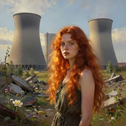 red hair girl, chernobyl powerplant!!!, rubble!, ruins!!, flowers, vines, hyperrealistic, highly detailed, cinematic, single ray of golden sunlight, beautiful, cgssociety, artstation, 8 k, oil painting by greg rutkowski, by artgerm, by wlop