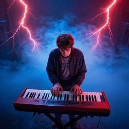 dwight schrute playing the keyboard, dramatic scene, volumetric blue fog, red lightning, ultra wide angle, movie still, photorealistic, stranger things, netflix, upside - down, colorful lighting, grainy, aerial shot, shot from above, movie still